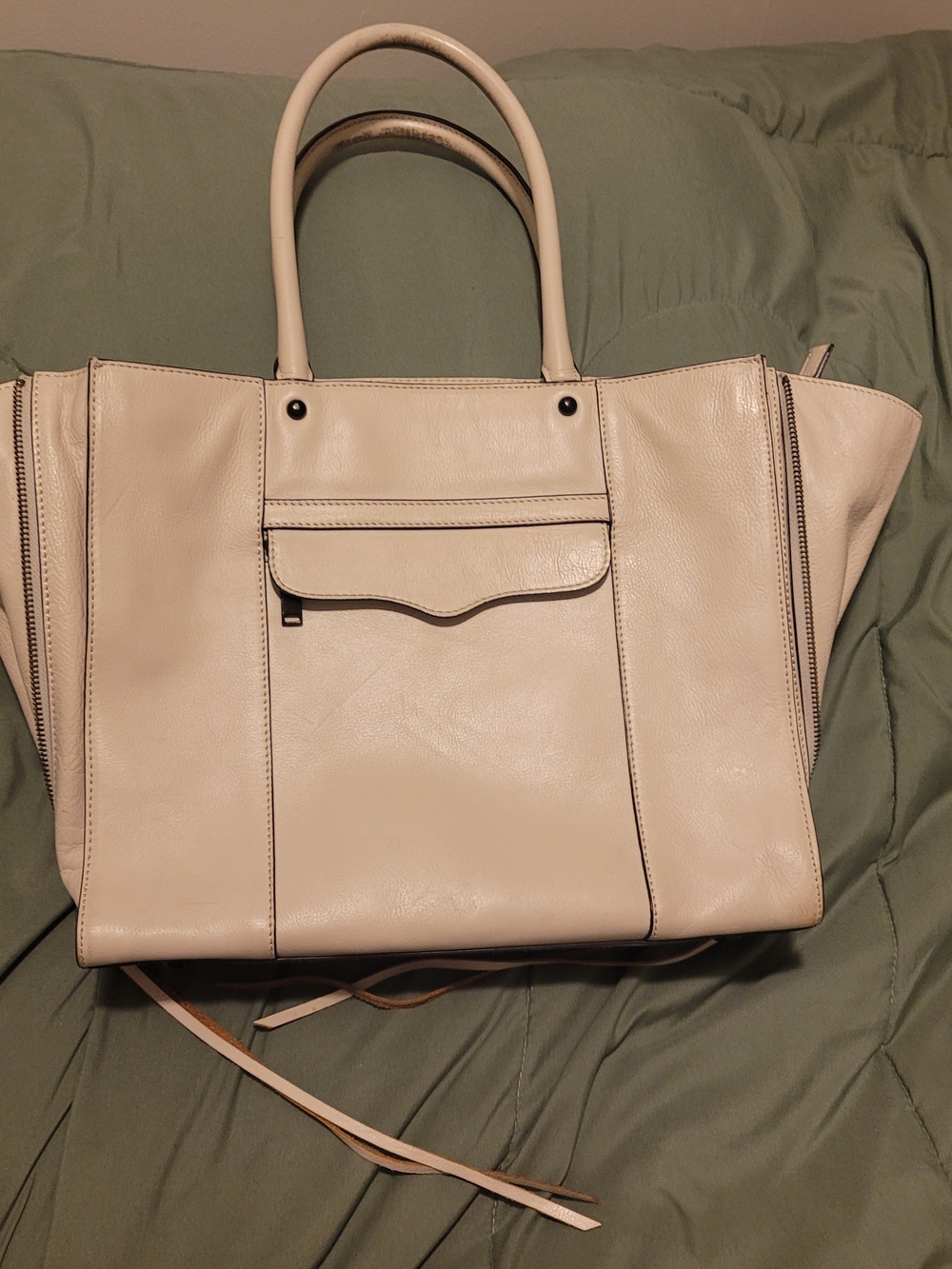 Rebecca Minkoff Cream Leather Large Tote with Front Flap Pocket